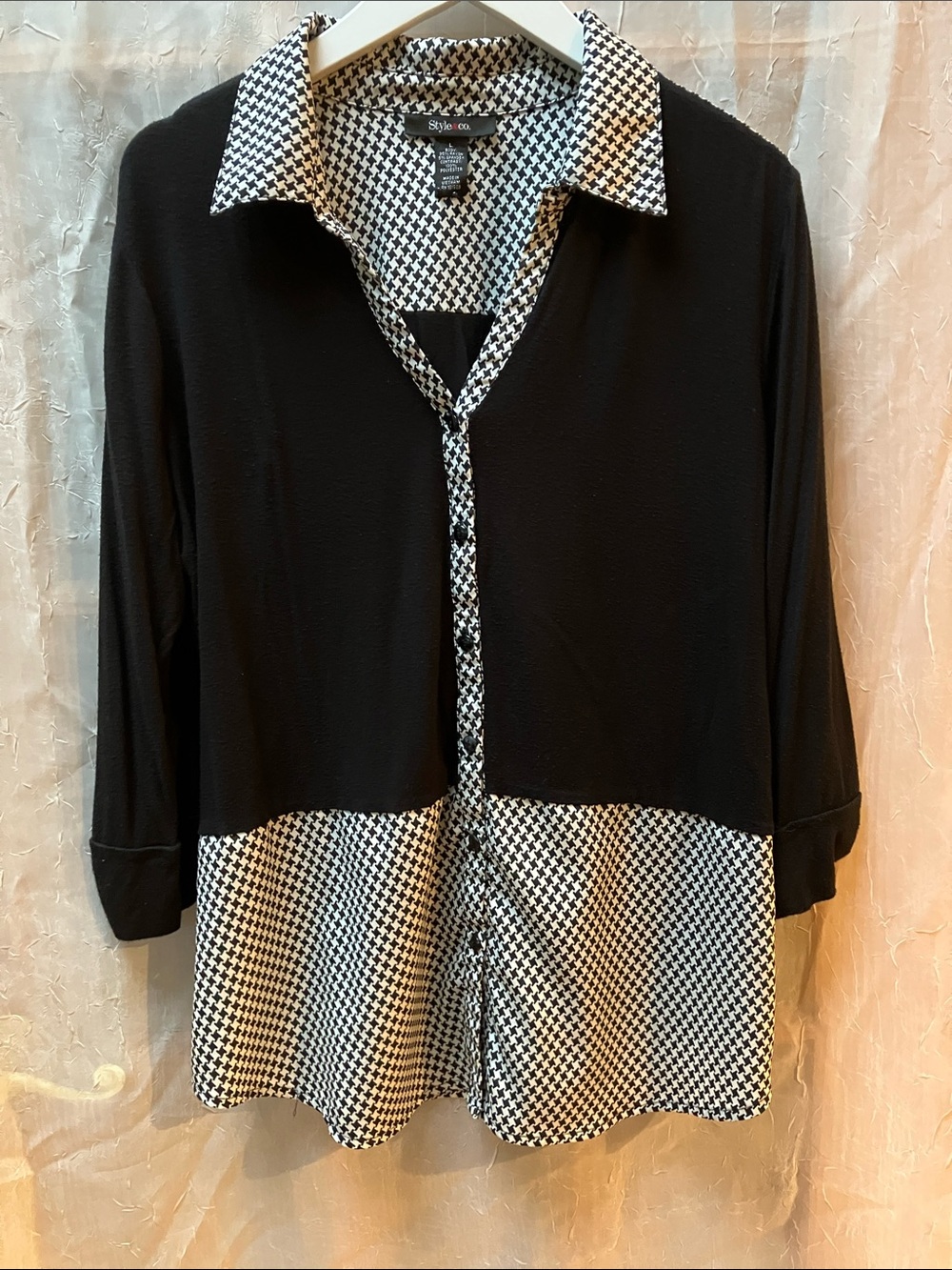 Style & Co. Black and White Houndstooth Layered-Look Button Down Top